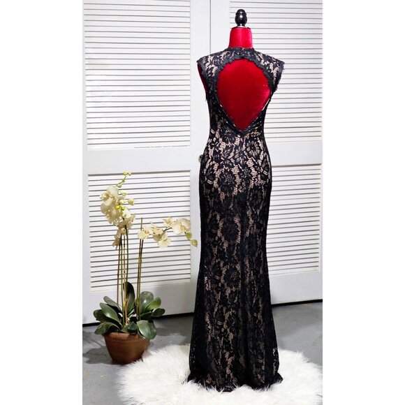 Betsy & Adam Black Lace Floral Nude Underlay Open Back Maxi Dress Size 4 2223 - Picture 6 of 16